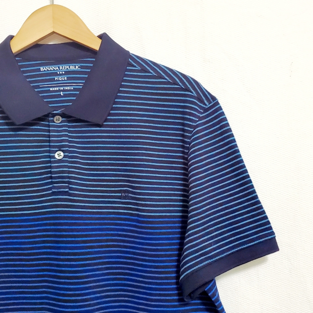 Banana Republic Cotton Pique Blue Striped Colorblock Polo Shirt Large